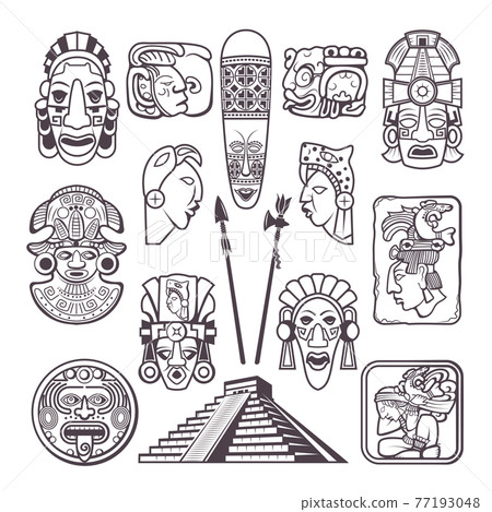 Monochrome pictures set of mayan culture symbols. Tribal masks and totems 77193048