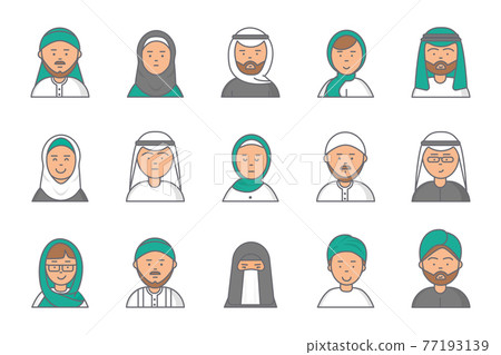 Islam linear avatars. Arabian muslim saudi male and female faces for web profile Islam linear avatars. Arabian muslim saudi male and female faces for web profile 77193139