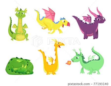 Fantasy dragons. Cute reptiles amphibians and fairytale dragons with big wings sharp tooth wild creatures cartoon Fantasy dragons. Cute reptiles amphibians and fairytale dragons with big wings sharp tooth wild creatures cartoon 77193140