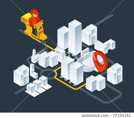 Urban 3d map navigation. Isometric map with delivery pizza navigation route Urban 3d map navigation. Isometric map with delivery pizza navigation route 77193142