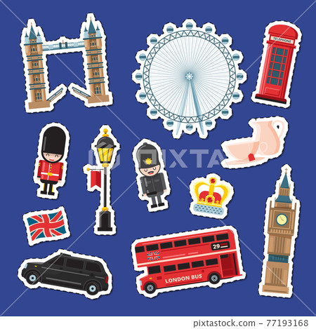 cartoon London stickers set illustration. England attractions banners cartoon London stickers set illustration. England attractions banners 77193168