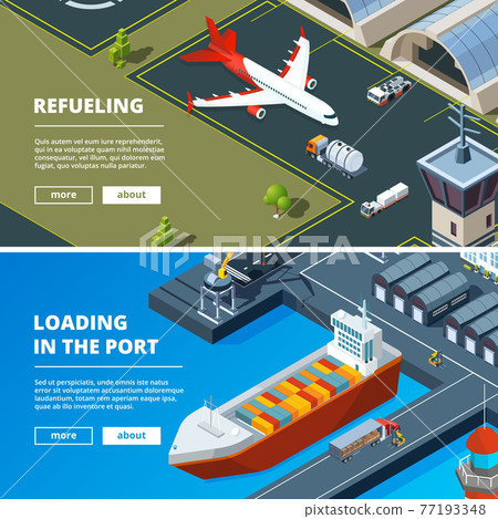 Cargo concept banners. Horizontal pictures of freight delivery transport Cargo concept banners. Horizontal pictures of freight delivery transport 77193348