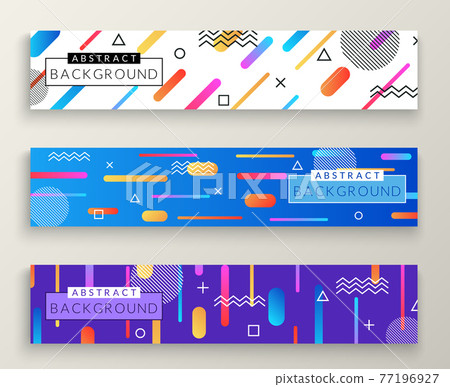 Abstract memphis style retro horizontal banners with multicolored simple geometric shapes and copy space frame. Triangles, circles, lines Abstract memphis style retro horizontal banners with multicolored simple geometric shapes and copy space frame. Triangles, circles, lines 77196927