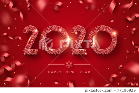 Happy New Year 2020. Background with shining numerals and ribbons. New year and Christmas card illustration on red background. Holiday illustration of red textured numbers 2020 Happy New Year 2020. Background with shining numerals and ribbons. New year and Christmas card illustration on red background. Holiday illustration of red textured numbers 2020 77196929