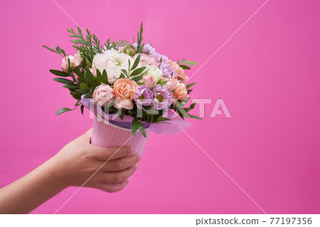 Bouquet of mixed flowers in hand on pink background with copy space Bouquet of mixed flowers in hand on pink background with copy space 77197356