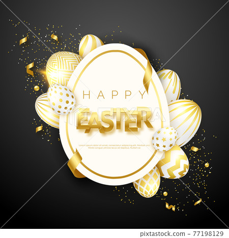 Easter black background with realistic golden decorated eggs, egg frame, confetti, text and ribbons. Vector illustration greeting card, poster, flyer, banner 77198129