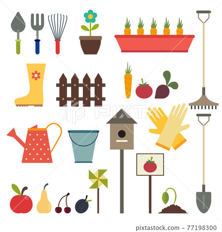 Garden and gardening tools icon set. Isolated on a white background. Garden and gardening tools icon set. Isolated on a white background. 77198300