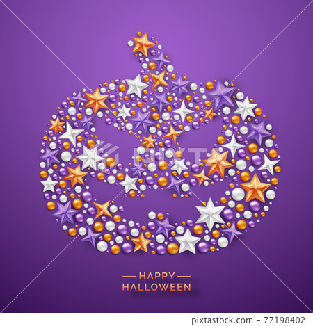 Halloween pumpkin background with shining stars and colorful balls. Halloween card illustration on dark background 77198402