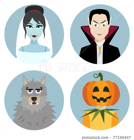 Halloween character set. Vampire, werewolf, dead bride, Jack-o-Lantern 77198407
