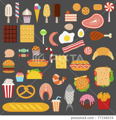 Icons of sweets, fast food, meat and fish 77198819