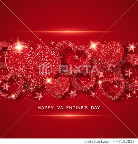 Valentines Day horizontal background with shining red heart, stars, balls and confetti. Holiday card illustration on red background. Sparkling red hearts with glitter texture Valentines Day horizontal background with shining red heart, stars, balls and confetti. Holiday card illustration on red background. Sparkling red hearts with glitter texture 77198832