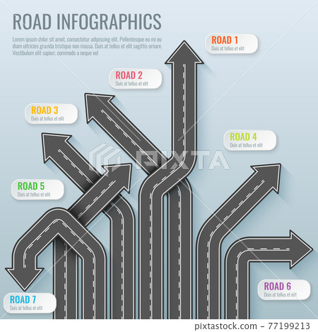 Infographics template with road map. Top view vector elements. Road trip. Business and journey infographic design template. Winding road on a gray background 77199213