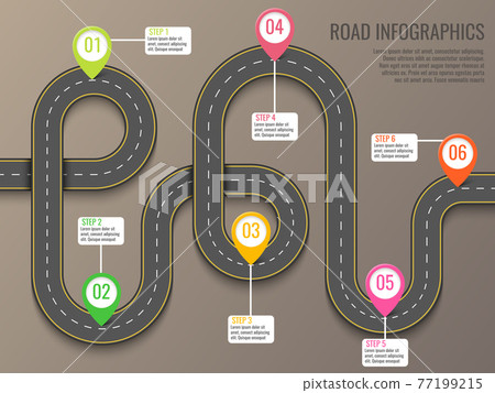 Infographics template with road map using pointers. Top view vector elements. Road trip. Business and journey infographic design template with flags. Winding road on a brown background 77199215