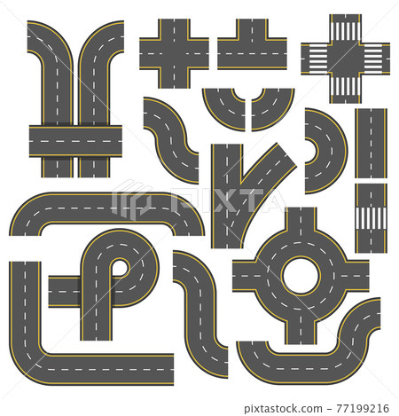 Road elements. Collection of connectable highway elements. Top view vector elements. Part of road highway, illustration highway road for traffic 77199216