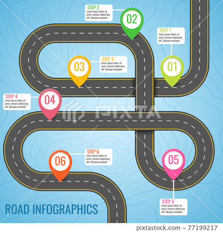 Infographics template with road map using pointers. Top view vector elements. Road trip. Business and journey infographic design template with flags. Winding road on a blue background 77199217