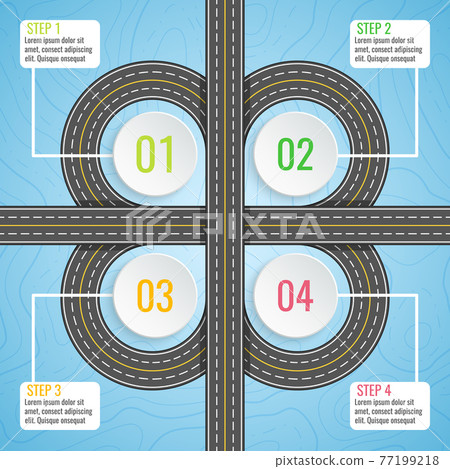 Infographics template with clover road map. Top view vector elements. Road trip. Business and journey infographic design template. Winding road on a blue background 77199218