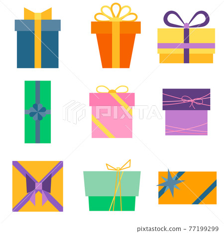 Set of nine colorful icons of gift boxes 77199299