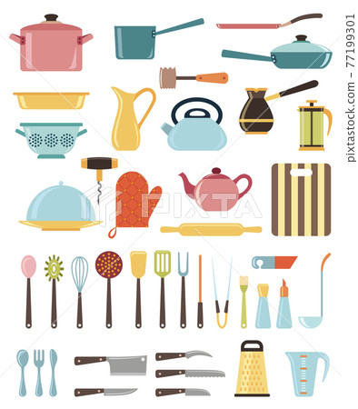 Set of kitchen utensil and collection of cookware icons 77199301
