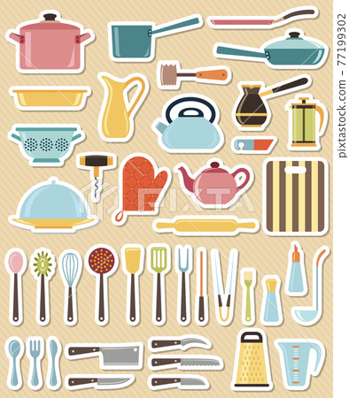 Set of kitchen utensil and collection of cookware icons 77199302