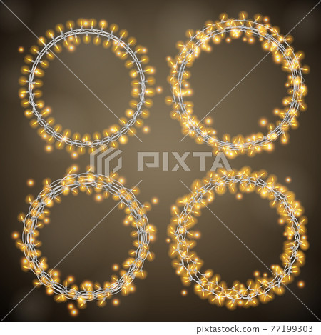Set of garland lights. Glowing round christmas lights on dark background. Includes vector brushes festive strands of Christmas lights Set of garland lights. Glowing round christmas lights on dark background. Includes vector brushes festive strands of Christmas lights 77199303