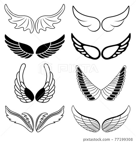 Set of eight black and white silhouettes of wings 77199308