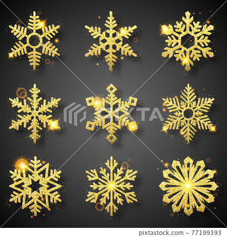 Collection of gold glitter snowflakes. Nine sparkling golden snowflakes with glitter texture. Winter holidays decoration Collection of gold glitter snowflakes. Nine sparkling golden snowflakes with glitter texture. Winter holidays decoration 77199393