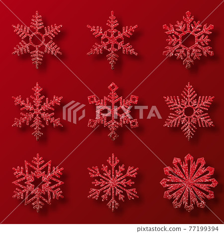 Collection of red glitter snowflakes. Nine snowflakes of different shapes. Winter holidays decoration Collection of red glitter snowflakes. Nine snowflakes of different shapes. Winter holidays decoration 77199394