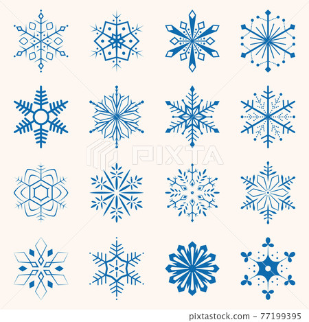 Collection of blue snowflakes. Sixteen snowflakes of different shapes. Winter set illustration 77199395