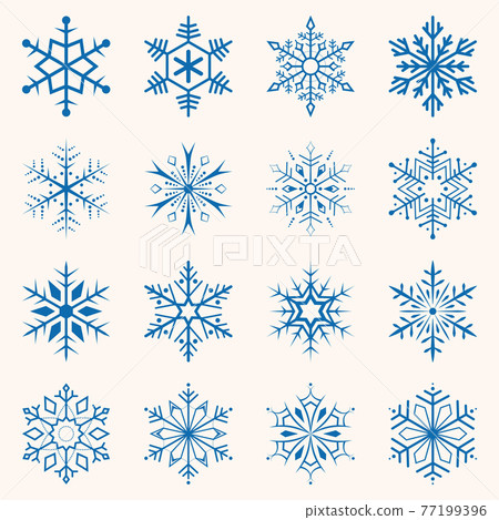 Collection of blue snowflakes. Sixteen snowflakes of different shapes. Winter set illustration Collection of blue snowflakes. Sixteen snowflakes of different shapes. Winter set illustration 77199396