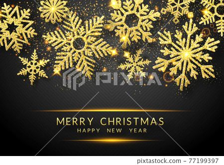 Christmas background with shining golden snowflakes and snow. Merry Christmas card illustration on black background. Sparkling golden snowflakes with glitter texture 77199397
