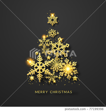 Christmas tree background with shining gold snowflakes, stars and balls. Merry Christmas card illustration on dark background Christmas tree background with shining gold snowflakes, stars and balls. Merry Christmas card illustration on dark background 77199398