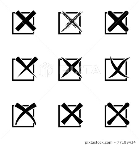 Set of nine different black and white vector cross marks in square frames Set of nine different black and white vector cross marks in square frames 77199434