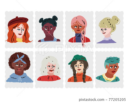 人物、面部圖案（時尚、多樣性、所有年齡段的男性和女性、運動、藝術家、髮型、頭髮化妝） 77205205