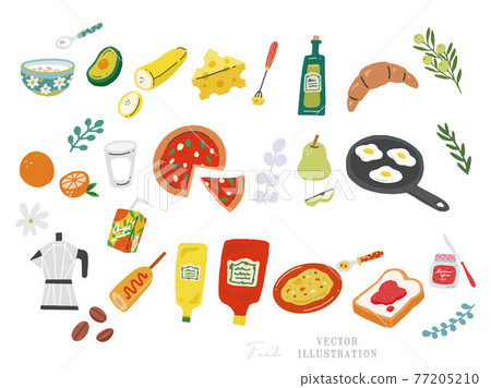 手繪時尚可愛的食物插畫（披薩、水果、奶酪、鮮花、早餐、咖啡、時裝） 77205210