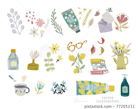 時尚可愛的化妝品手繪插圖（鮮花、貼紙、書籍、美容、雜貨、時尚） 77205211