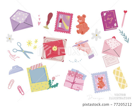 手寫時尚可愛字母插畫（文具、貼紙、郵件、鮮花、寶麗來、情書、時尚 77205212