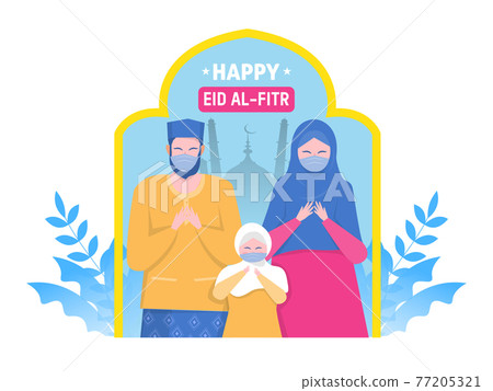 Happy Muslim parents and child pray on religious holiday characters on cartoon flat vector 77205321