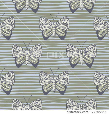Grey colored seamless pattern with doodle botanic ornamental butterfly shapes. Striped background. 77205353