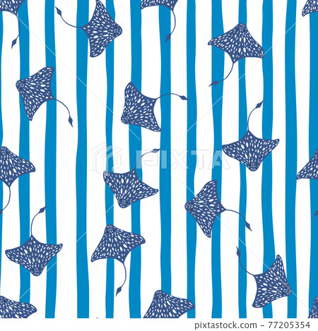 Random navy blue stingray shapes seamless doodle pattern. Blue and white striped background. Simple style. 77205354
