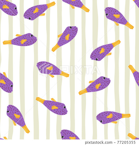 Random bright purple random fish seamless doodle pattern. Light striped background. Ocean shapes. Random bright purple random fish seamless doodle pattern. Light striped background. Ocean shapes. 77205355