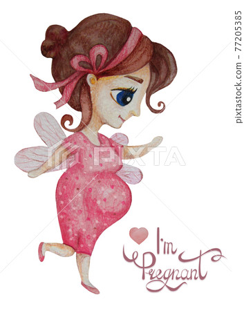 Future Motherhood. Cute happy pregnant woman-fairy in a pink dress. lettering - I'm pregnant. Watercolor. Hand drawing . Vertical postcard for design Future Motherhood. Cute happy pregnant woman-fairy in a pink dress. lettering - I'm pregnant. Watercolor. Hand drawing . Vertical postcard for design 77205385
