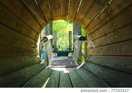 Composition where you can see the fresh green scenery from the tunnel of the playset in the park Composition where you can see the fresh green scenery from the tunnel of the playset in the park 77205837