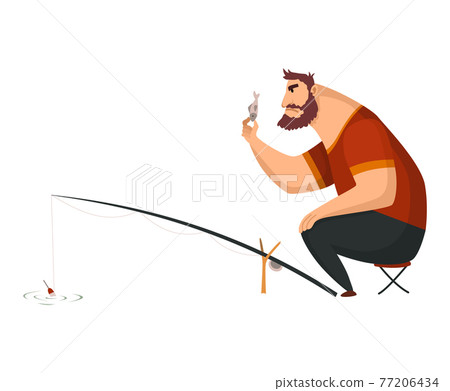 Fisherman fishing with fishing rod. Fishing people with fish and equipment. Vacation concept flat vector icon. Leisure and hobby catching fish Fisherman fishing with fishing rod. Fishing people with fish and equipment. Vacation concept flat vector icon. Leisure and hobby catching fish 77206434