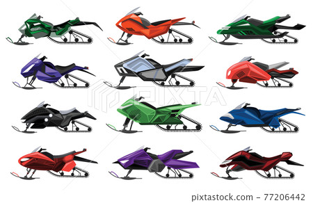 Collecetion of isolated cartoon snowmobiles. Equipment for winter ride. Motor sleds, vehicles for extreme travelling on snow and ice, winter recreation. Vector snow motorcycles on white background 77206442