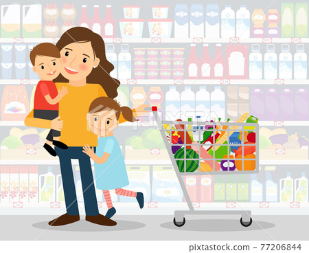 Woman in supermarket with kids Woman in supermarket with kids 77206844