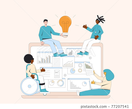 Diverse group of professionals working together on a project. Data analysts team. Coworkers talking at brainstorming business meeting. 77207541