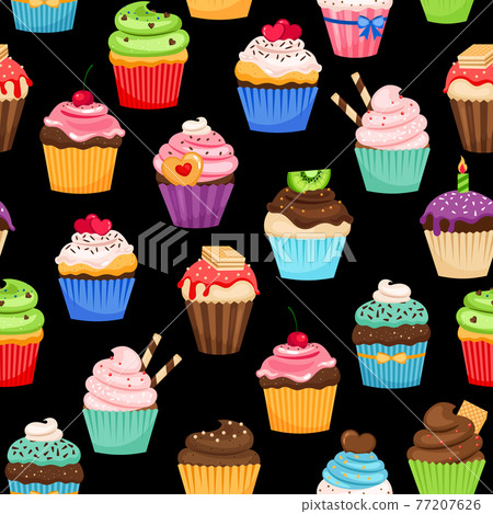Sweet cupcakes pattern on black background 77207626
