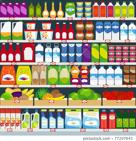 Store shelves with groceries background Store shelves with groceries background 77207643