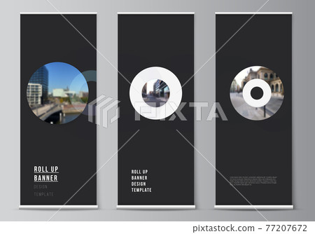 Vector layout of roll up mockup templates for vertical flyers, flags design templates, banner stands, advertising design mockups. Background template with rounds, circles for IT, technology. 77207672