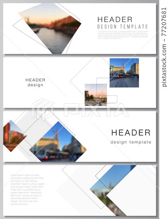 Vector layout of headers, banner design templates with geometric simple shapes, lines and photo place for website footer design, horizontal flyer, website header backgrounds. 77207681